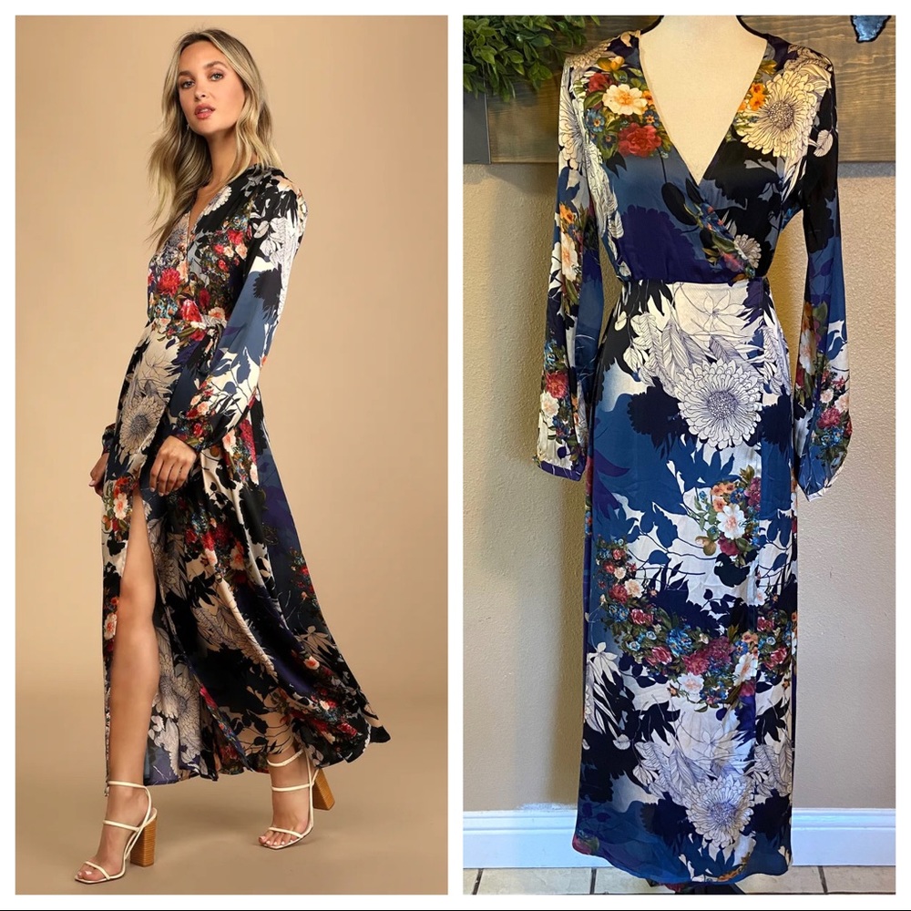 NWOT Lulus Put on a Smile Blue Floral Print Satin Wrap Maxi Dress